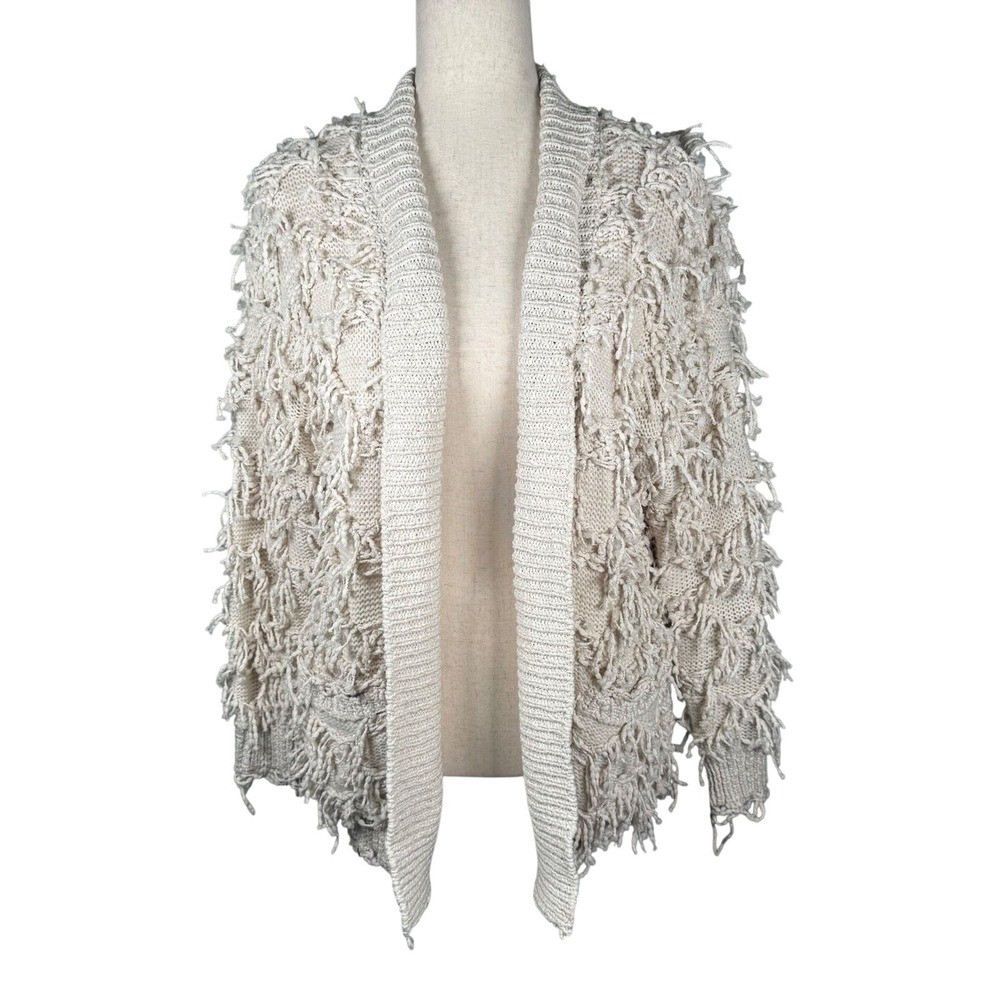 STORIA Cream Fringe Knit Cardigan Open Front Boho Western Cowgirl Size S‎